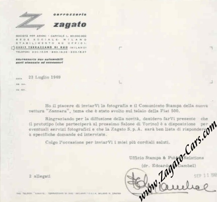 July 1969 Zagato letter on the Fiat Zanzara 500 by Dr. Edoardo L. Gambel July 1969 Zagato letter on the Fiat Zanzara 500 by Dr. Edoardo L. Gambel